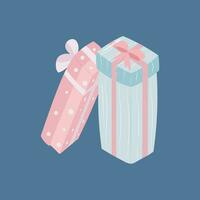 Gift boxes, presents isolated on blue background. Colorful wrapped. Sale, shopping concept. Collection for Birthday, Christmas. For Vector Cartoon flat design.