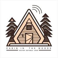 Wood cabin logo template. Cabin in the woods vector illustration. Cabin rentals logo. Chalet in the forest sticker.