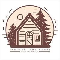 Wood cabin logo template. Cabin in the woods vector illustration. Cabin rentals logo. Chalet in the forest sticker.