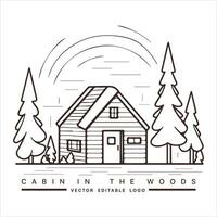 Wood cabin logo template. Cabin in the woods vector illustration. Cabin rentals logo. Chalet in the forest sticker.