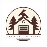 Wood cabin logo template. Cabin in the woods vector illustration. Cabin rentals logo. Chalet in the forest sticker.