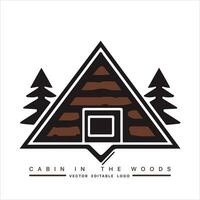 Wood cabin logo template. Cabin in the woods vector illustration. Cabin rentals logo. Chalet in the forest sticker.