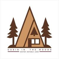 Wood cabin logo template. Cabin in the woods vector illustration. Cabin rentals logo. Chalet in the forest sticker.