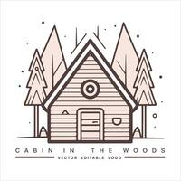 Wood cabin logo template. Cabin in the woods vector illustration. Cabin rentals logo. Chalet in the forest sticker.