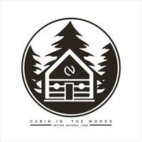 Wood cabin logo template. Cabin in the woods vector illustration. Cabin rentals logo. Chalet in the forest sticker.