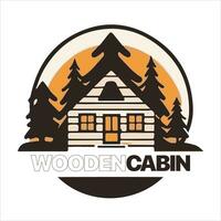 Wood cabin logo template. Cabin in the woods vector illustration. Cabin rentals logo. Chalet in the forest sticker.