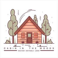 Wood cabin logo template. Cabin in the woods vector illustration. Cabin rentals logo. Chalet in the forest sticker.