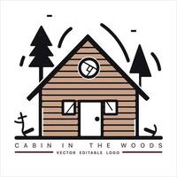 Wood cabin logo template. Cabin in the woods vector illustration. Cabin rentals logo. Chalet in the forest sticker.