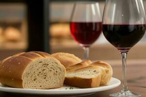 AI generated Cup of wine with bread. Pro Photo