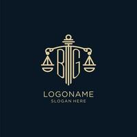 Initial BG logo with shield and scales of justice, luxury and modern law firm logo design vector