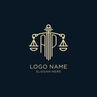 Initial AP logo with shield and scales of justice, luxury and modern law firm logo design vector