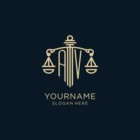 Initial AV logo with shield and scales of justice, luxury and modern law firm logo design vector