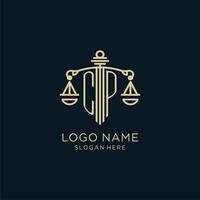 Initial CP logo with shield and scales of justice, luxury and modern law firm logo design vector