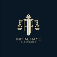 Initial FR logo with shield and scales of justice, luxury and modern law firm logo design vector