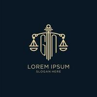 Initial GN logo with shield and scales of justice, luxury and modern law firm logo design vector