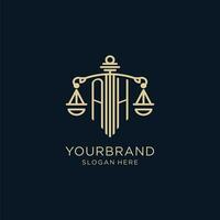 Initial AH logo with shield and scales of justice, luxury and modern law firm logo design vector