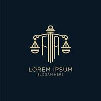 Initial FA logo with shield and scales of justice, luxury and modern law firm logo design vector