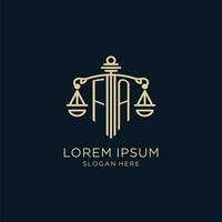 Initial FA logo with shield and scales of justice, luxury and modern law firm logo design vector