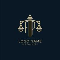Initial FP logo with shield and scales of justice, luxury and modern law firm logo design vector