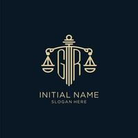 Initial GR logo with shield and scales of justice, luxury and modern law firm logo design vector