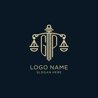 Initial GP logo with shield and scales of justice, luxury and modern law firm logo design vector