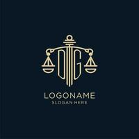 Initial DG logo with shield and scales of justice, luxury and modern law firm logo design vector