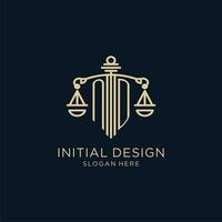 Initial ND logo with shield and scales of justice, luxury and modern law firm logo design vector