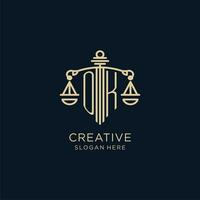 Initial OK logo with shield and scales of justice, luxury and modern law firm logo design vector