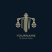 Initial NV logo with shield and scales of justice, luxury and modern law firm logo design vector