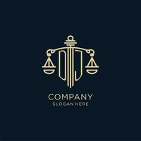 Initial DJ logo with shield and scales of justice, luxury and modern law firm logo design vector