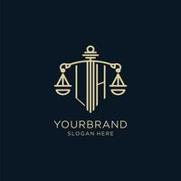 Initial LH logo with shield and scales of justice, luxury and modern law firm logo design vector