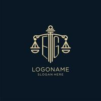 Initial EG logo with shield and scales of justice, luxury and modern law firm logo design vector