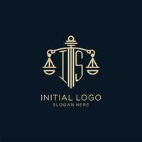 Initial IS logo with shield and scales of justice, luxury and modern law firm logo design vector