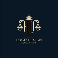 Initial HO logo with shield and scales of justice, luxury and modern law firm logo design vector