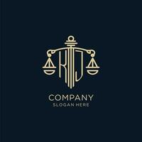 Initial KJ logo with shield and scales of justice, luxury and modern law firm logo design vector