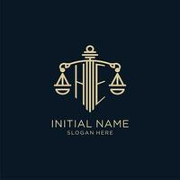 Initial HE logo with shield and scales of justice, luxury and modern law firm logo design vector