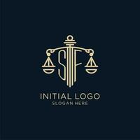 Initial SF logo with shield and scales of justice, luxury and modern law firm logo design vector