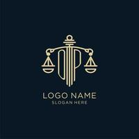 Initial OP logo with shield and scales of justice, luxury and modern law firm logo design vector