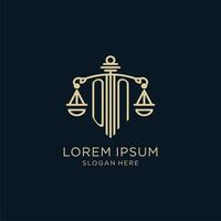 Initial ON logo with shield and scales of justice, luxury and modern law firm logo design vector