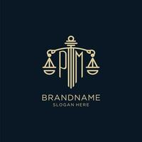 Initial PM logo with shield and scales of justice, luxury and modern law firm logo design vector