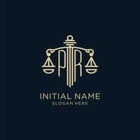 Initial PR logo with shield and scales of justice, luxury and modern law firm logo design vector