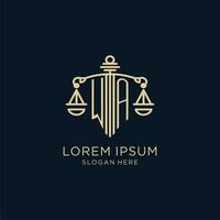 Initial WA logo with shield and scales of justice, luxury and modern law firm logo design vector