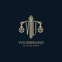 Initial VU logo with shield and scales of justice, luxury and modern law firm logo design vector