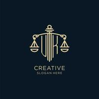 Initial UK logo with shield and scales of justice, luxury and modern law firm logo design vector