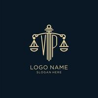 Initial VP logo with shield and scales of justice, luxury and modern law firm logo design vector