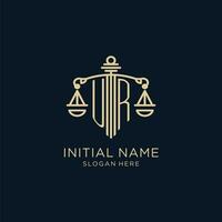 Initial UR logo with shield and scales of justice, luxury and modern law firm logo design vector