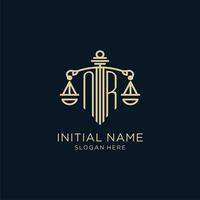 Initial NR logo with shield and scales of justice, luxury and modern law firm logo design vector