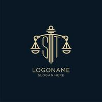 Initial ST logo with shield and scales of justice, luxury and modern law firm logo design vector