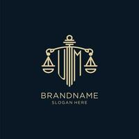 Initial UM logo with shield and scales of justice, luxury and modern law firm logo design vector