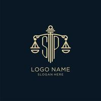 Initial SP logo with shield and scales of justice, luxury and modern law firm logo design vector